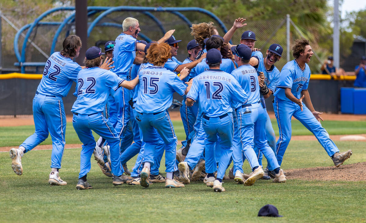 Foothill players celebrate their win over Shadow Ridge 3-2 in the NIAA High School 4A baseball ...