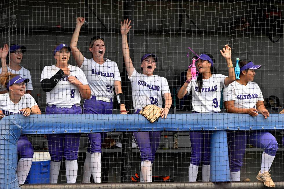 Silverado cheers from their dugout during the 4A state softball championship against Bishop Gor ...