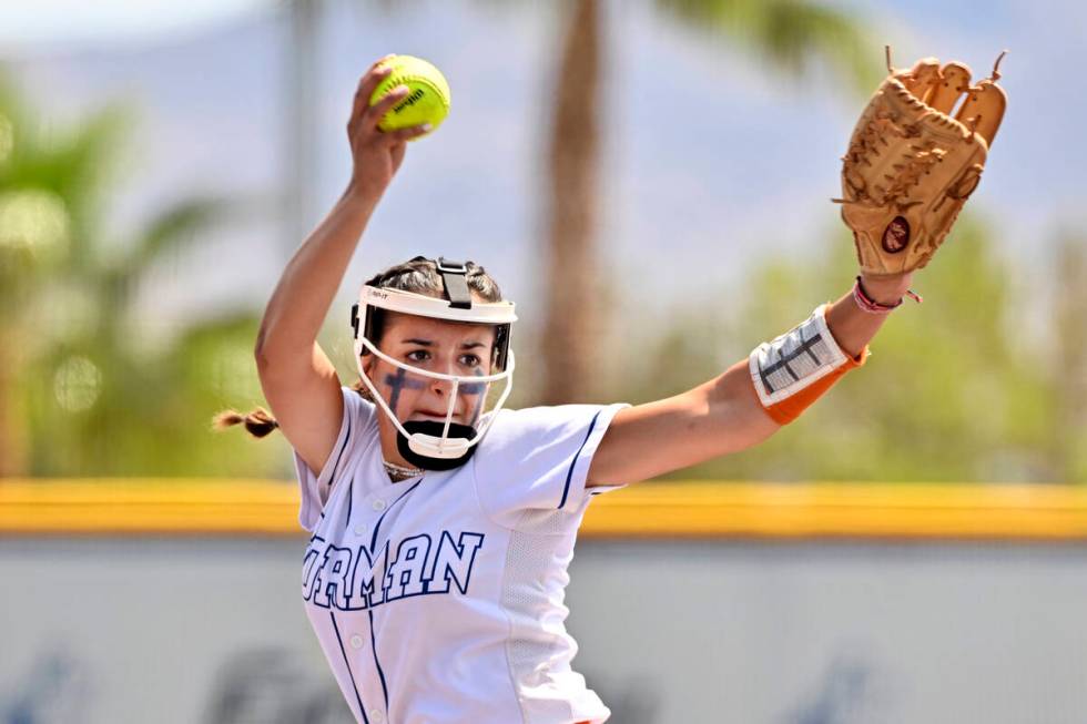 Bishop Gorman pitcher Gianna Hornyak winds-up against Silverado during the 4A state softball ch ...