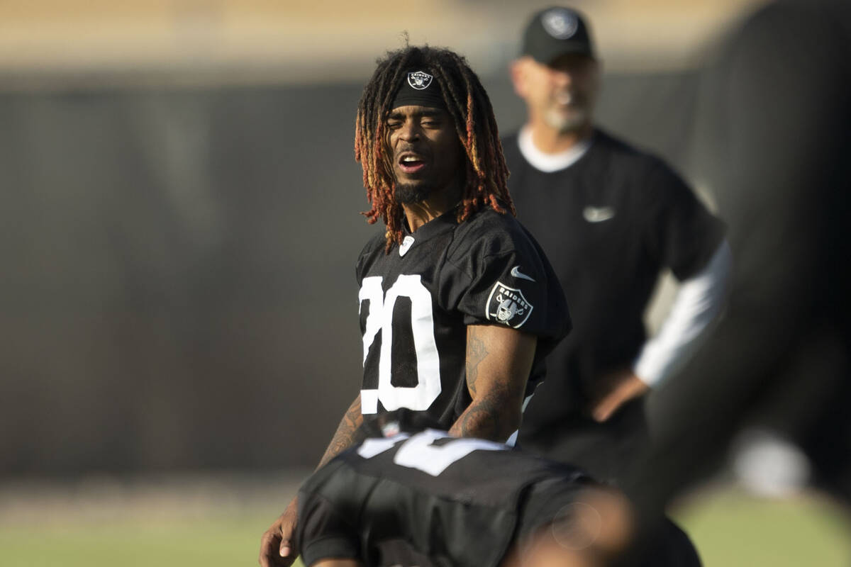 This June 15, 2021, file photo shows Raiders cornerback Damon Arnette (20) during an NFL footba ...