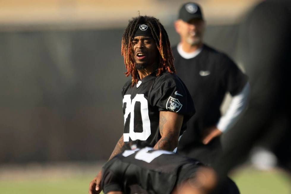 This June 15, 2021, file photo shows Raiders cornerback Damon Arnette (20) during an NFL footba ...