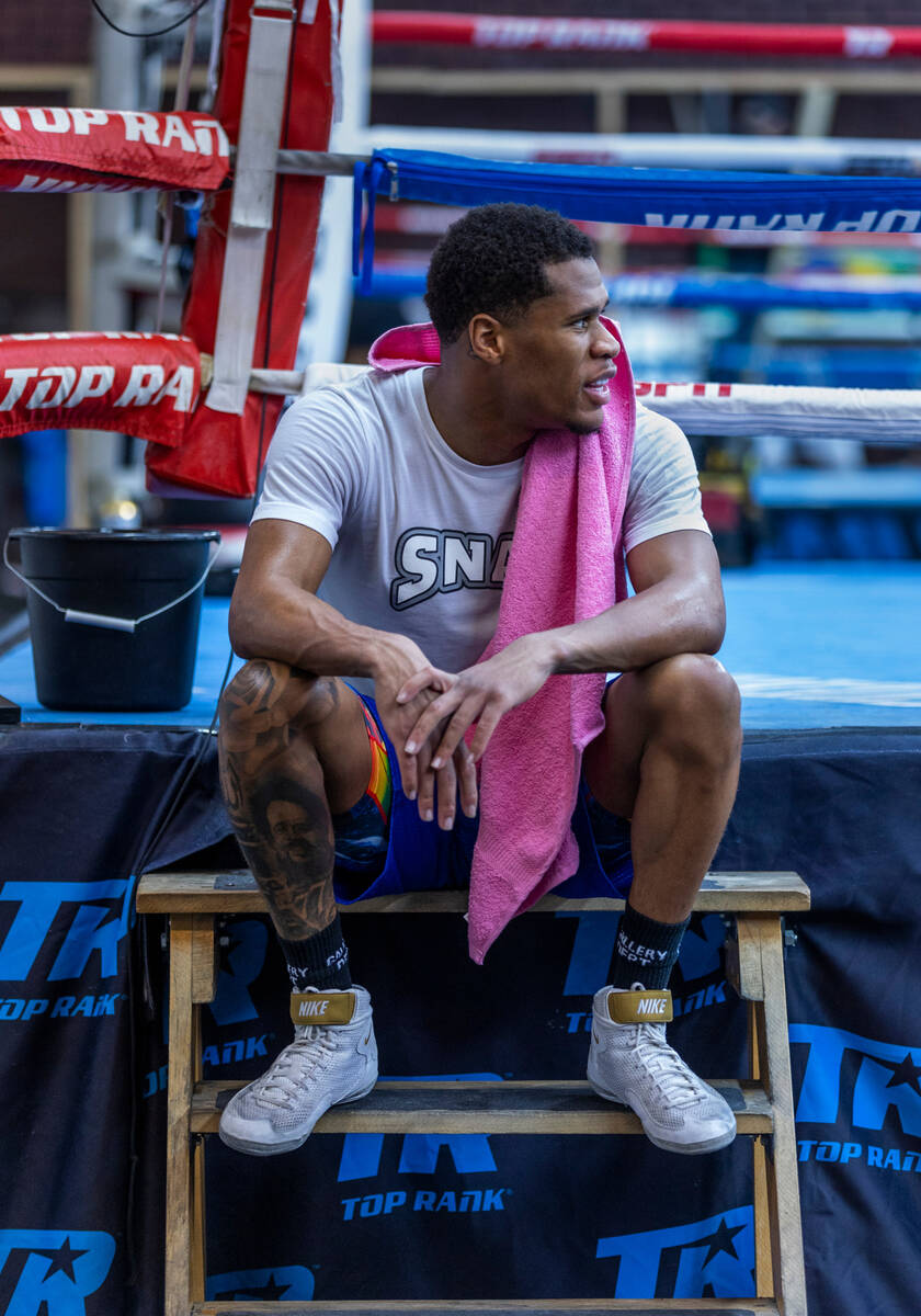 WBC lightweight boxer Devin Haney takes a break during a workout session at the Top Rank Boxing ...