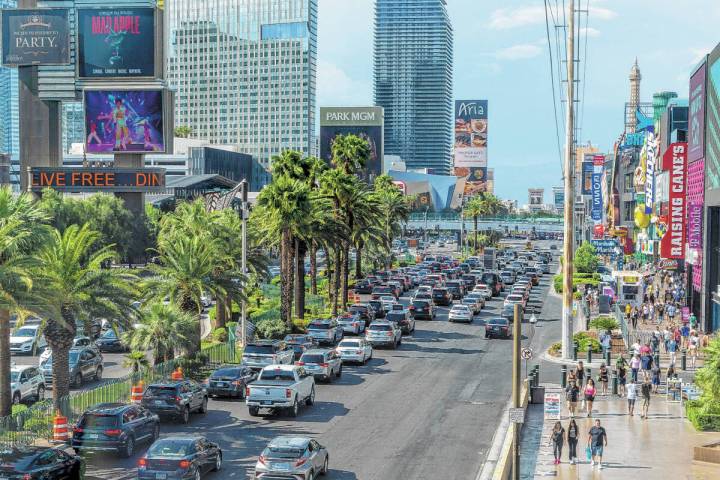 Crowds walk along the Strip on Friday, May 19, 2023, in Las Vegas. (L.E. Baskow/Las Vegas Revie ...