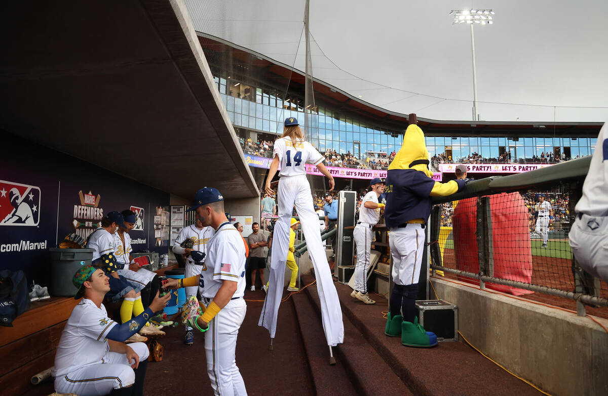 Savannah Bananas’ Dakota Albritton (14) walks in the dugout during the Banana Ball World ...