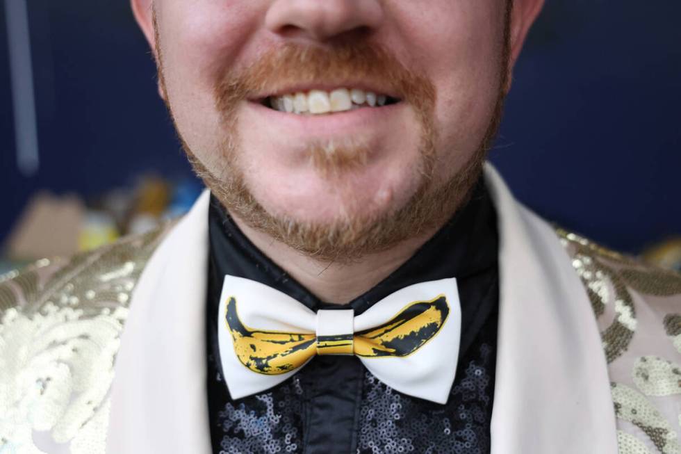 Savannah Bananas’ The Young Professor, Matt Graifer, is shown with his team-themed tie d ...