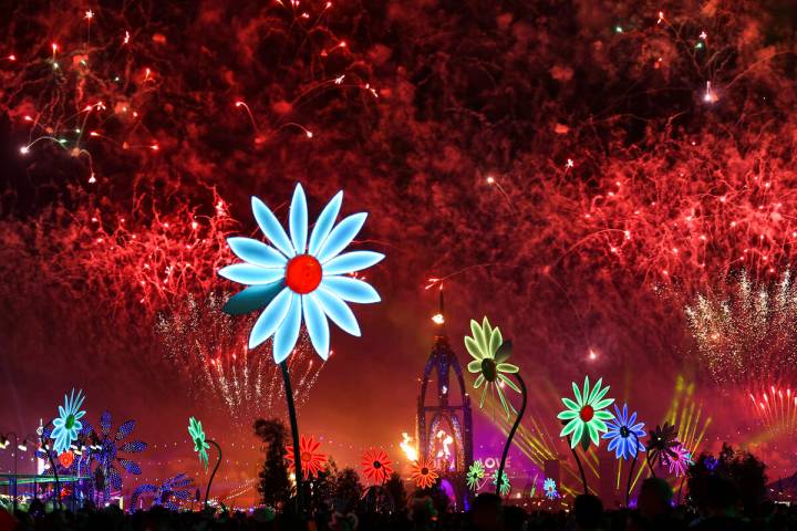 Fireworks go off across the festival grounds during the second day of the Electric Daisy Carniv ...