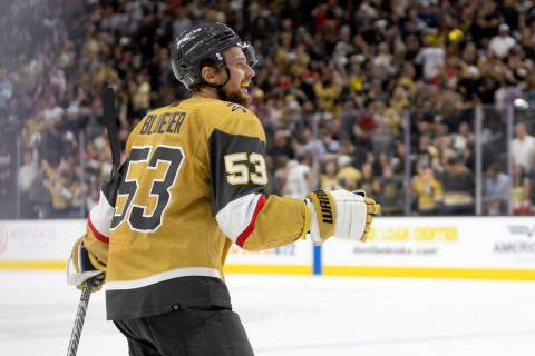 Golden Knights center Teddy Blueger (53) celebrates after scoring during the third period in Ga ...