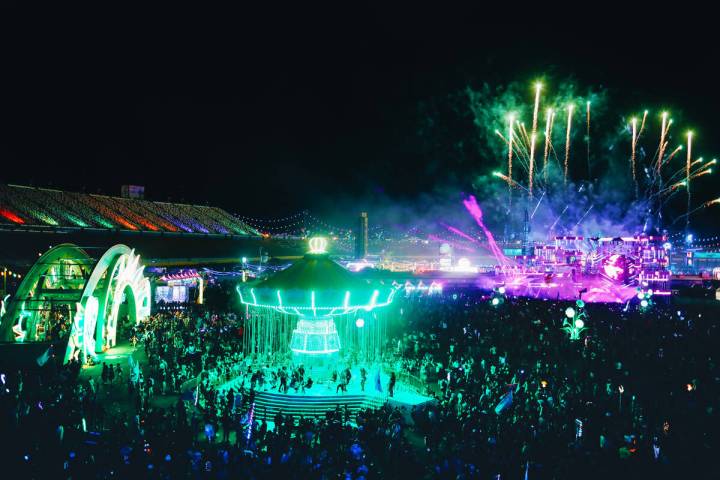 Fireworks go off during the first day of Electric Daisy Carnival at Las Vegas Motor Speedway on ...