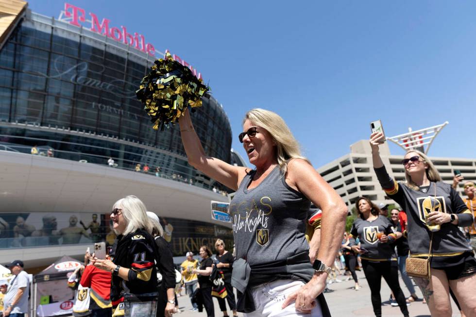 Las Vegan Wanda Truesdill cheers for the Golden Knights before Game 2 of the NHL hockey Stanley ...