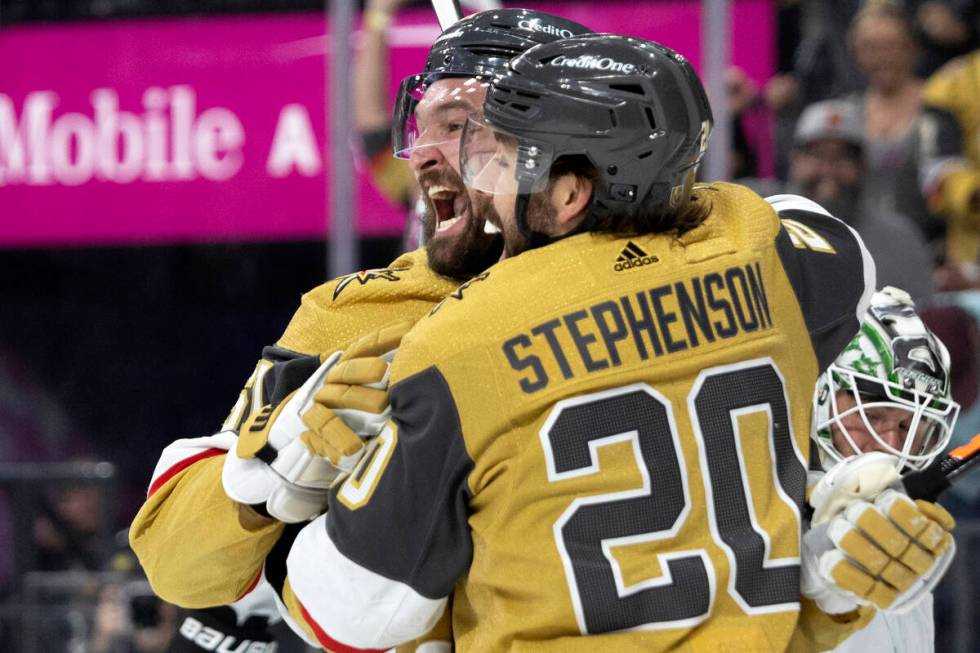 Golden Knights right wing Mark Stone (61) and center Chandler Stephenson (20) celebrate after S ...