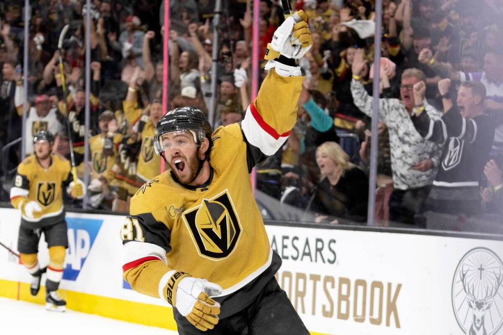 Golden Knights right wing Jonathan Marchessault (81) cheers after scoring during the third peri ...