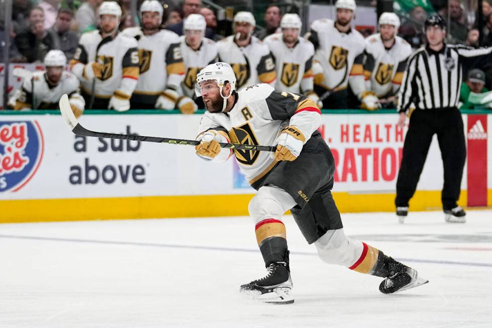 Vegas Golden Knights defenseman Alex Pietrangelo (7) watches his goal during the second period ...