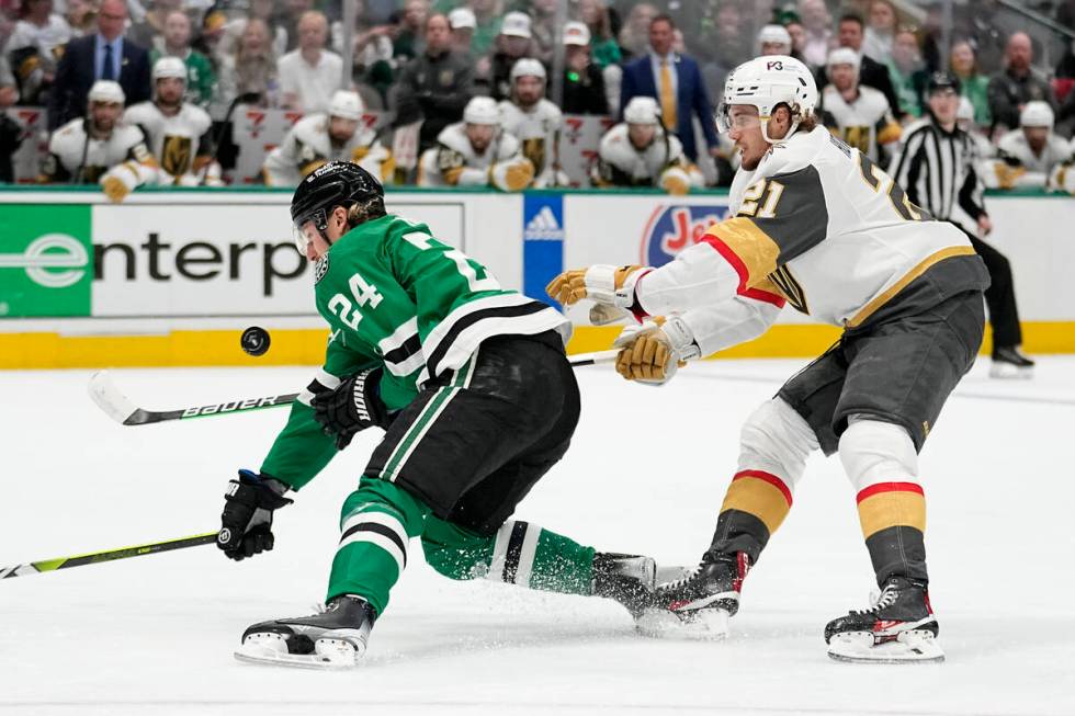 Dallas Stars center Roope Hintz (24) loses control of the puck on an attack as Vegas Golden Kni ...