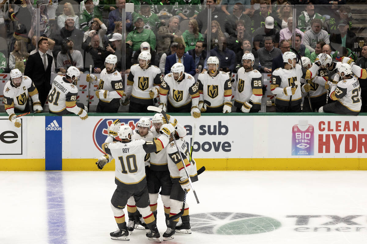 The Golden Knights celebrate after defenseman Alex Pietrangelo (7) scored during the second per ...