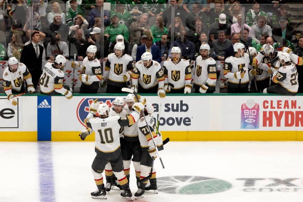 The Golden Knights celebrate after defenseman Alex Pietrangelo (7) scored during the second per ...