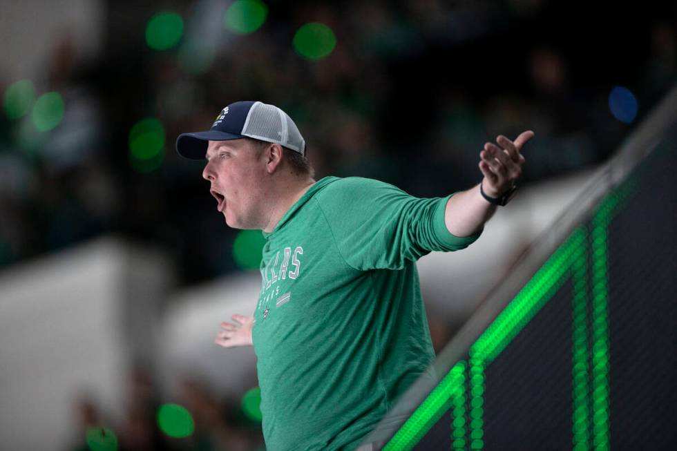 A Dallas Stars fan is upset as the Golden Knights lead 4-0 during the second period in Game 3 o ...