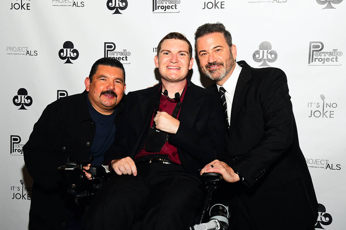 Guillermo Rodriguez, Joey Porrello and Jimmy Kimmel are shown at the "It's No Joke" Project ALS ...