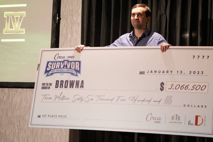 Alex Brown, Circa Survivor winner, poses for photos with his big check at the D Las Vegas on Fr ...