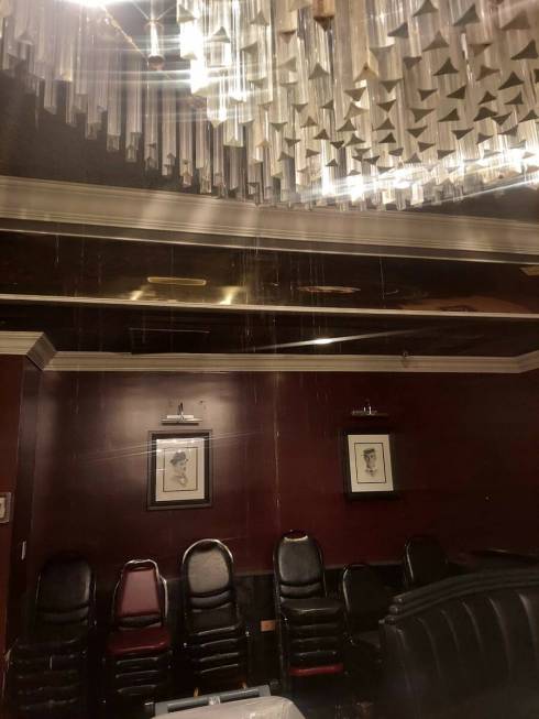 Water is shown falling from the ceiling of the Laugh Factory at the Tropicana on Sunday, May 21 ...