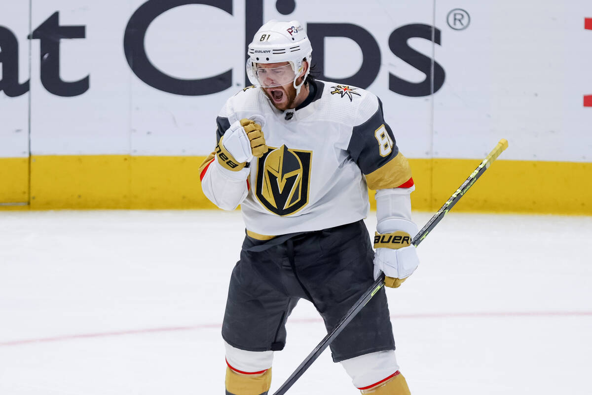 Vegas Golden Knights right wing Jonathan Marchessault celebrates after scoring a goal against t ...
