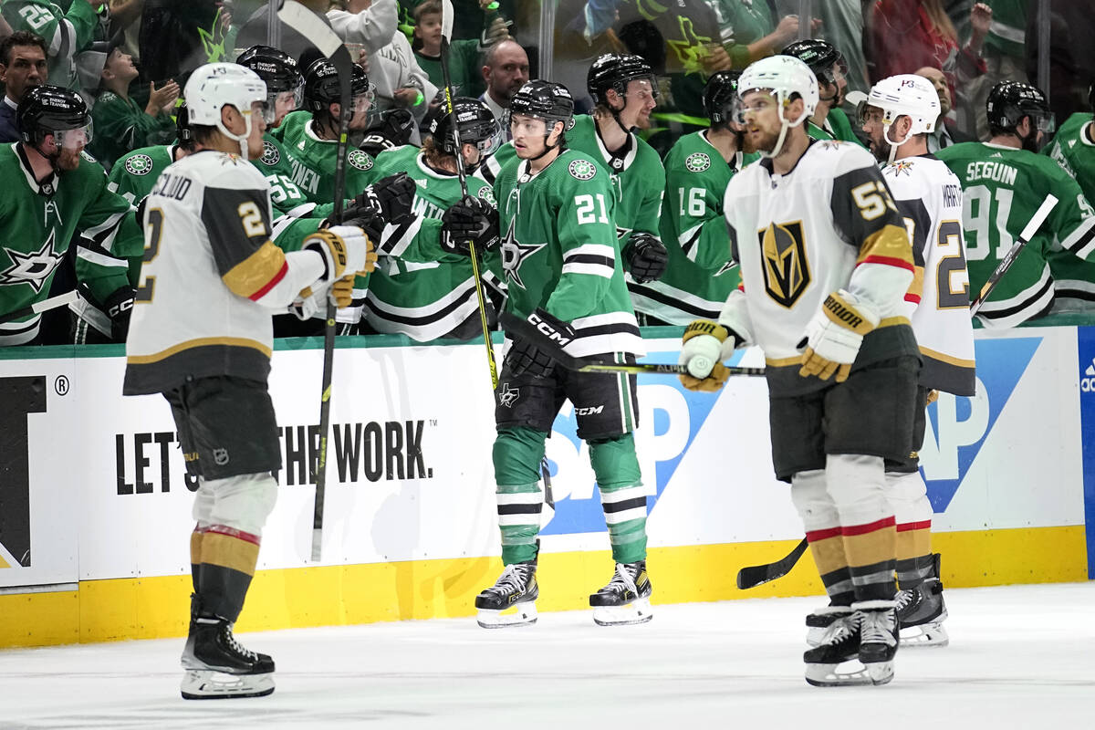 Dallas Stars left wing Jason Robertson (21) is congratulated for his goal against the Vegas Gol ...