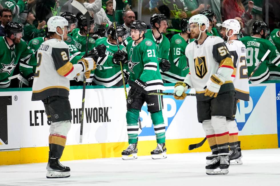Dallas Stars left wing Jason Robertson (21) is congratulated for his goal against the Vegas Gol ...
