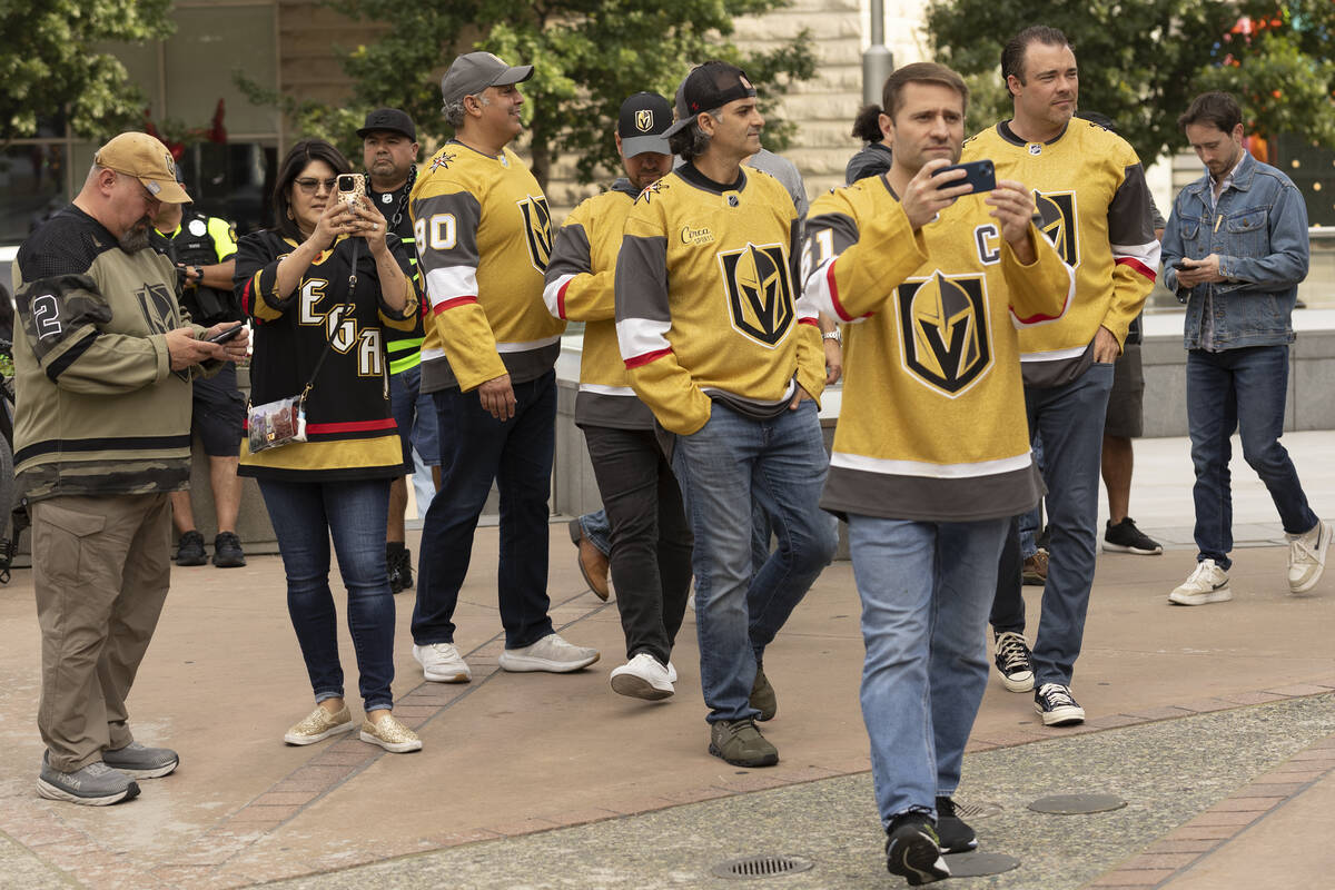 Golden Knights enter the fan zone before Game 4 of the NHL hockey Stanley Cup Western Conferenc ...