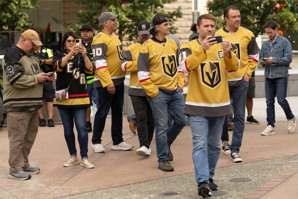 Golden Knights enter the fan zone before Game 4 of the NHL hockey Stanley Cup Western Conferenc ...