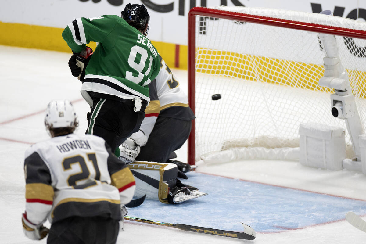 The game-winning goal by Dallas Stars center Joe Pavelski, out of frame, soars past Golden Knig ...