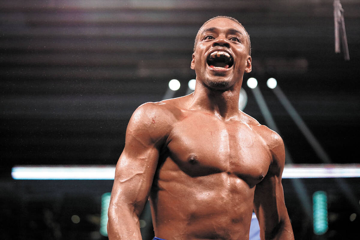 Errol Spence Jr. reacts during a world welterweight championship boxing match against Yordenis ...