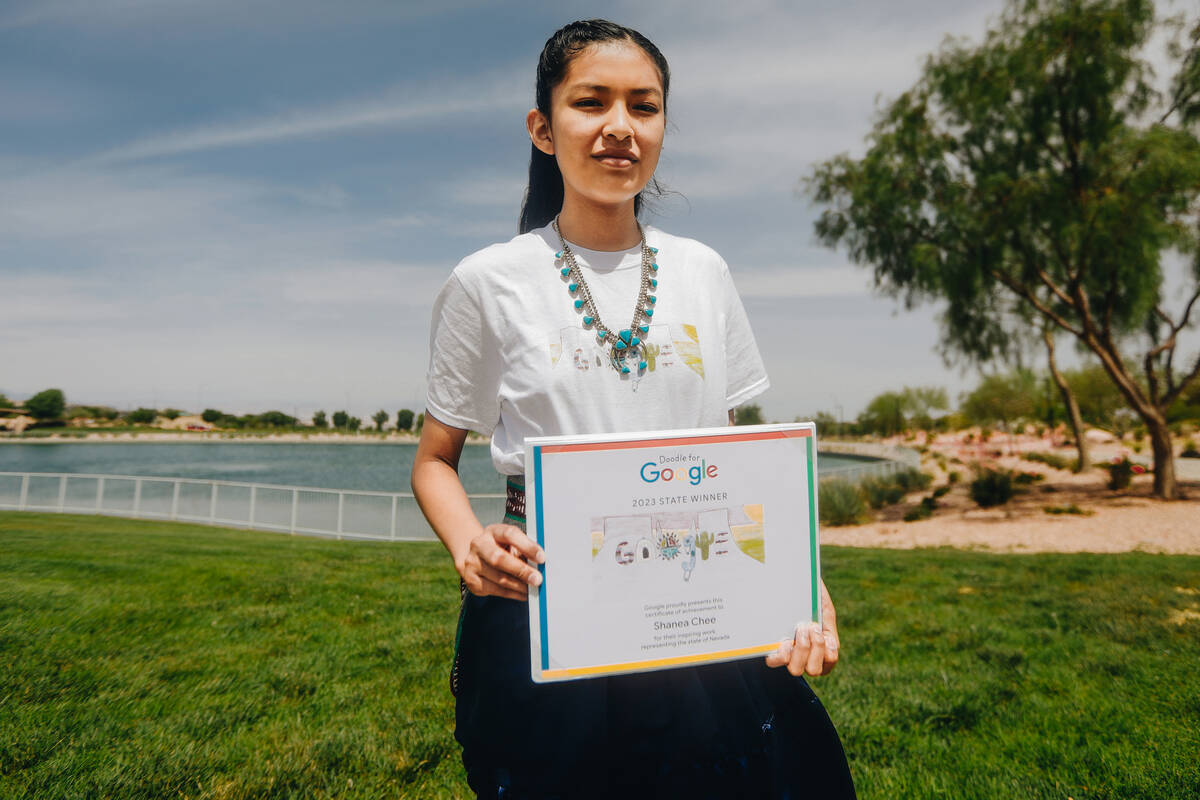 Shanea Anna Chee, 12, poses with her Nevada state winner certificate from the national Doodle f ...
