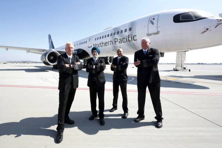 Chief Pilot Jon Heyl and Northern Pacific Airways pilots Kanwaljit Cheema,Tilak Ramaprakash and ...