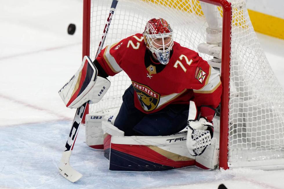 Florida Panthers goaltender Sergei Bobrovsky defends the goal during the first period of Game 4 ...