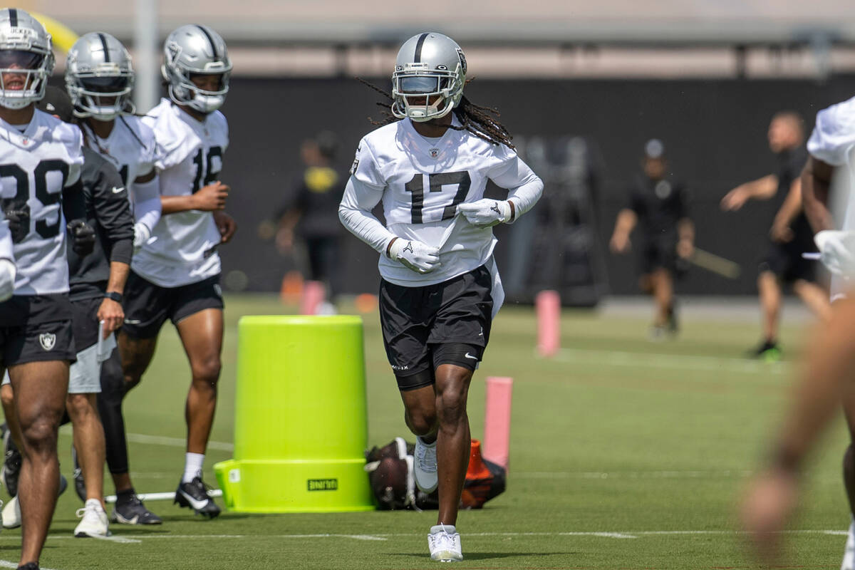 Raiders wide receiver Davante Adams (17) runs to drills during the Raiders’ organized te ...