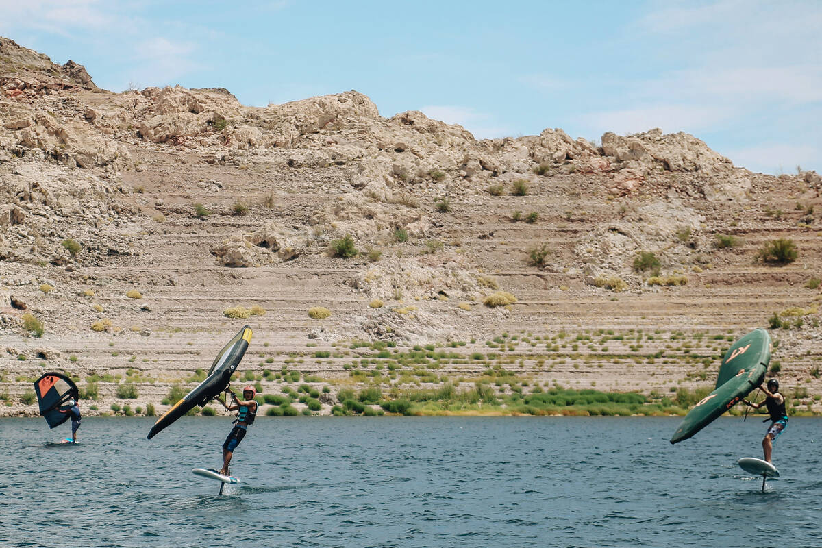 Lake-goers go wind foiling on Wednesday, May 24, 2023, on Lake Mead in Boulder City. (Madeline ...
