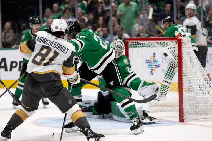 Golden Knights right wing Jonathan Marchessault (81) scores on Dallas Stars goaltender Jake Oet ...