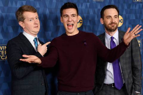 "Jeopardy" champions, from left, Ken Jennings, James Holzhauer and Brad Rutter, cast ...