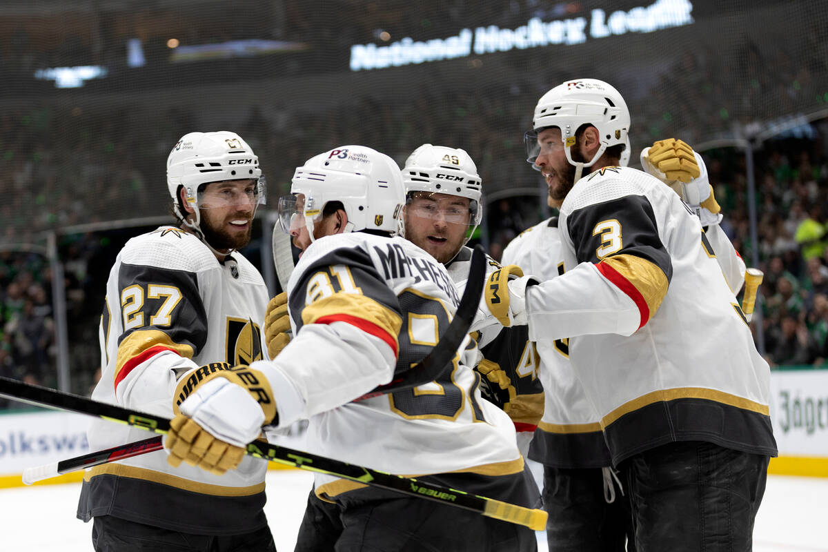 The Golden Knights rally around right wing Jonathan Marchessault (81) after he scored during th ...