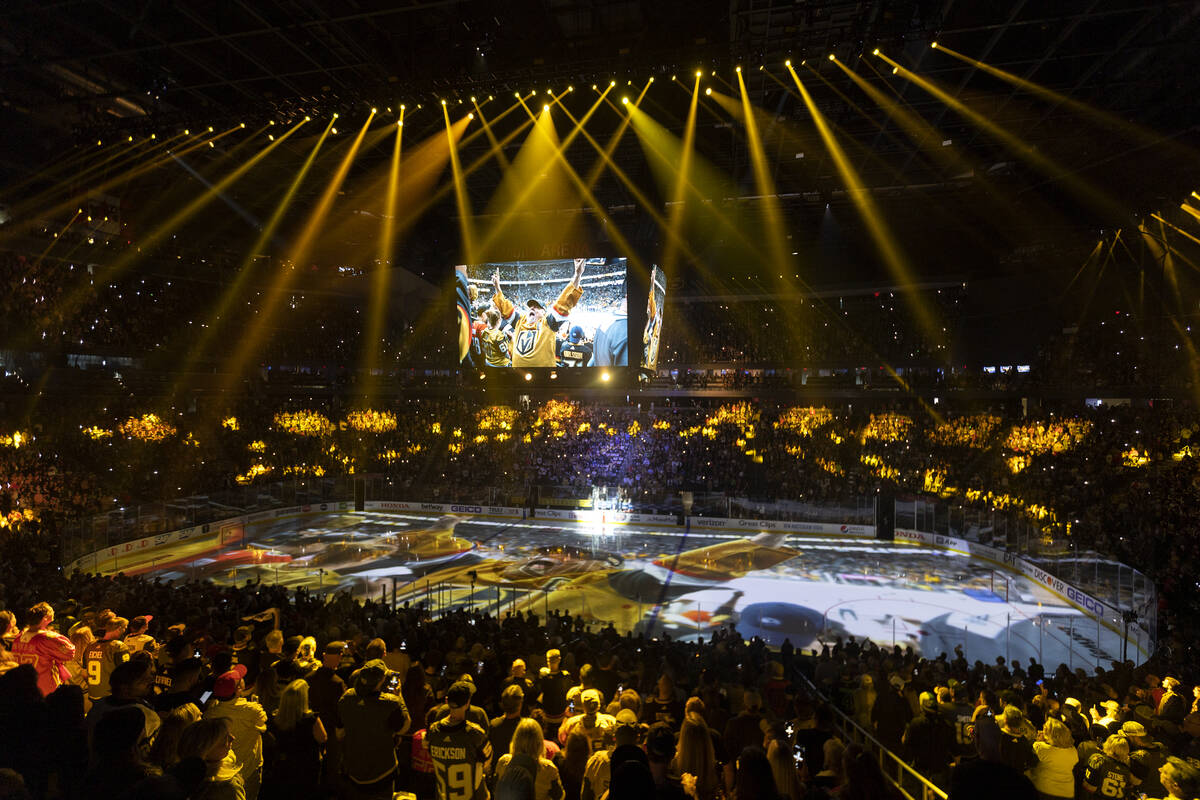 Golden Knights fans are on their feet before their team takes the ice for Game 5 of the NHL hoc ...