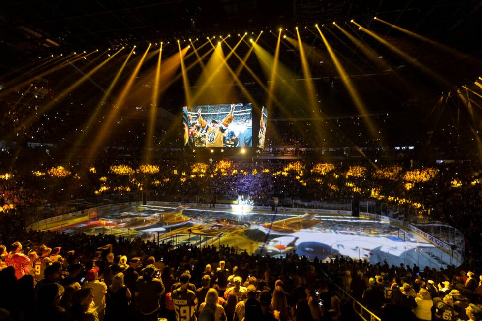 Golden Knights fans are on their feet before their team takes the ice for Game 5 of the NHL hoc ...