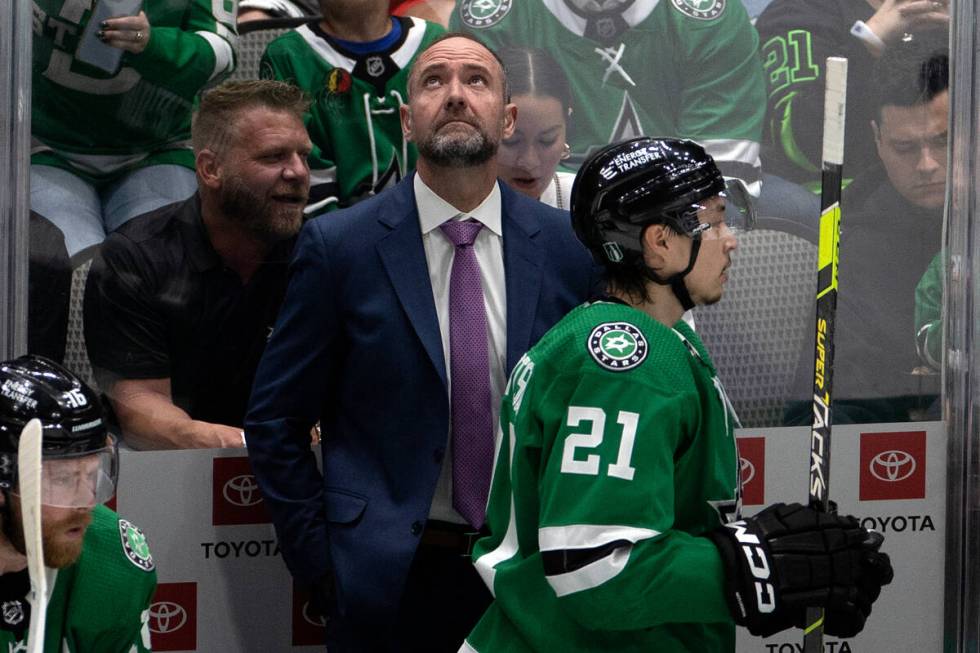 Dallas Stars goaltender Jake Oettinger (29) can’t save a shot by Golden Knights center C ...