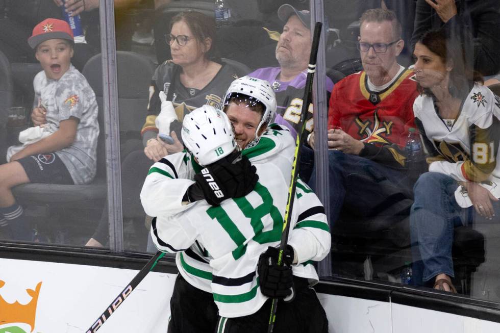 Dallas Stars center Max Domi (18) and center Ty Dellandrea (10) celebrate after Dellandrea scor ...