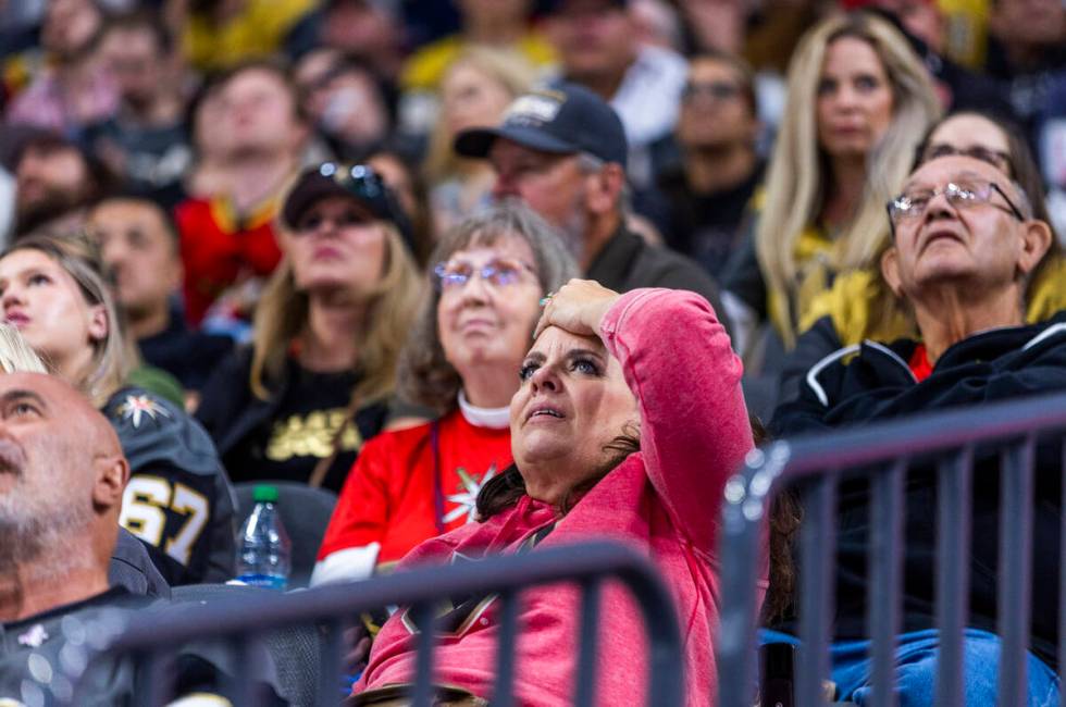 Golden Knights fans react to a third goal by the Dallas Stars in the third period of Game 5 dur ...