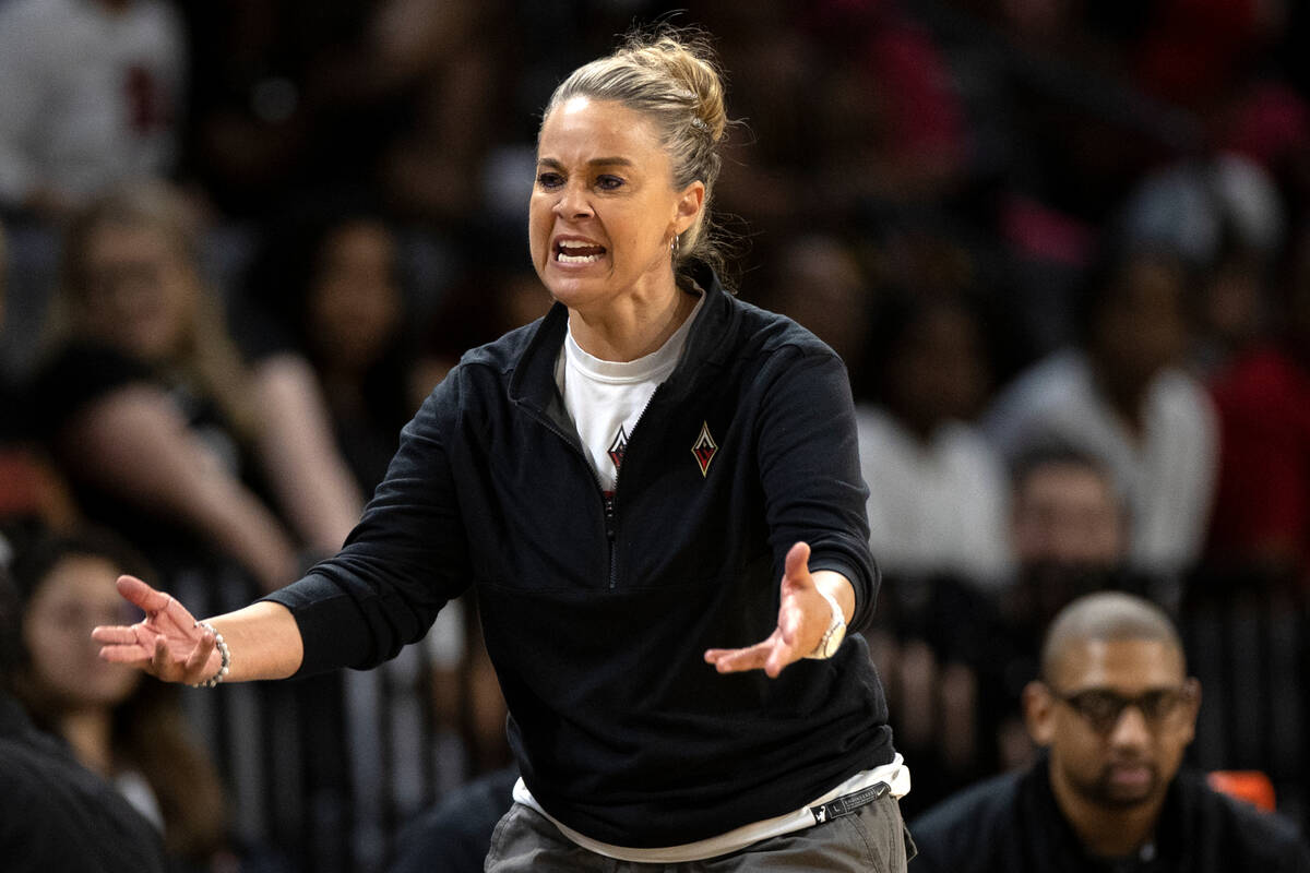 Las Vegas Aces head coach Becky Hammon shouts from the sidelines during the second half of a WN ...