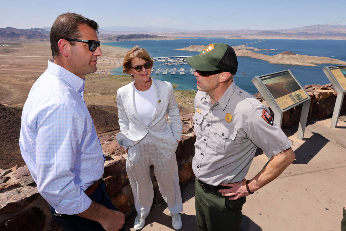 California Republican Rep. David Valadao, left, and Nevada Democratic Rep. Susie Lee talk to Ju ...