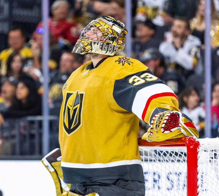 Golden Knights goaltender Adin Hill (33) reacts to a score by the Dallas Stars in the second pe ...