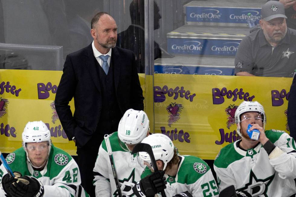 Dallas Stars coach Pete DeBoer watches from the bench during the first period in Game 5 of the ...