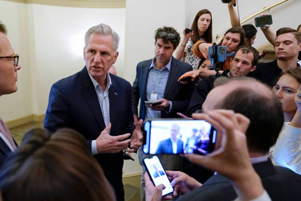 House Speaker Kevin McCarthy of Calif., speaks with members of the press about debt limit negot ...