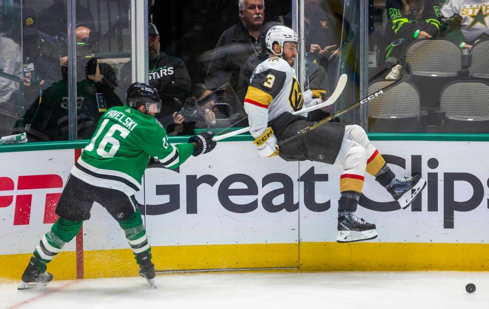 Dallas Stars center Joe Pavelski (16) hooks and trips up Golden Knights defenseman Brayden McNa ...