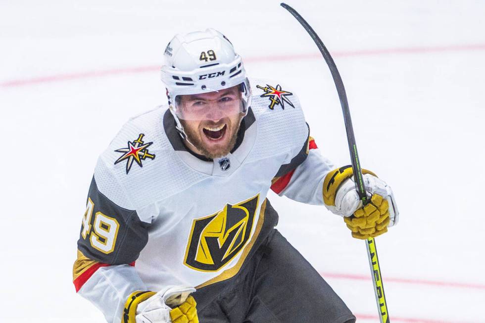 Golden Knights center Ivan Barbashev (49) celebrates the fourth goal against the Dallas Stars i ...